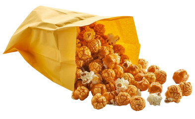 Delicious caramel popcorn spilling from a yellow paper bag on a white background. A spilled sweet snack perfect for movie night or a party.