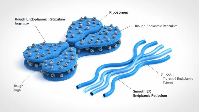Detailed 3D animation of rough and smooth endoplasmic reticulum with ribosomes. Visualizing cellular protein synthesis.