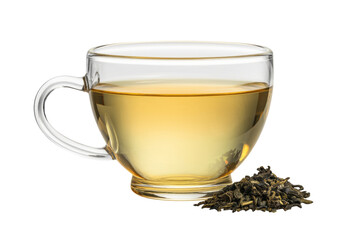 green tea in glass cup on white background.