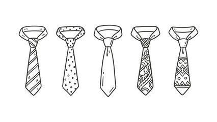 Collection of hand drawn neckties in black outline style. Set of 5 doodle ties with striped, dot, and geometric patterns. Men business accessory vector isolated on white background.