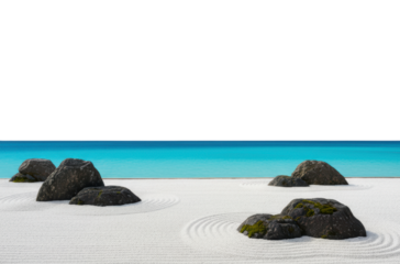 Japanese zen garden with raked white sand and black rocks isolated on a transparent background