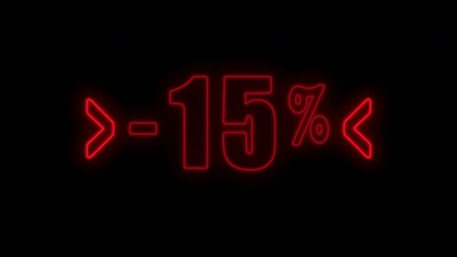 Minus 15 percent. Red neon sign with arrows pointing to the text. Animation for websites, apps, advertising, and marketing	
