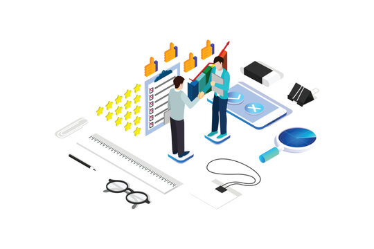Modern Isometric Flat Vector Conceptual Illustration of SLA - Service Level Agreement, Signing Document and Hand Shake