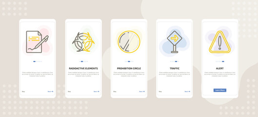 onboarding screen template for signs mobile app ui with , radioactive elements, prohibition circle, traffic, alert