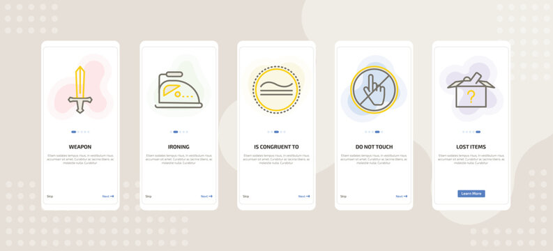 onboarding screen template for symbols mobile app ui with weapon, ironing, is congruent to, do not touch, lost items icons.