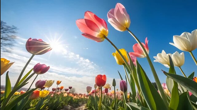 Bright spring tulips blooming under blue sky with sunlight, fresh garden flowers ideal for Easter and Mother&rsquo;s Day themes.