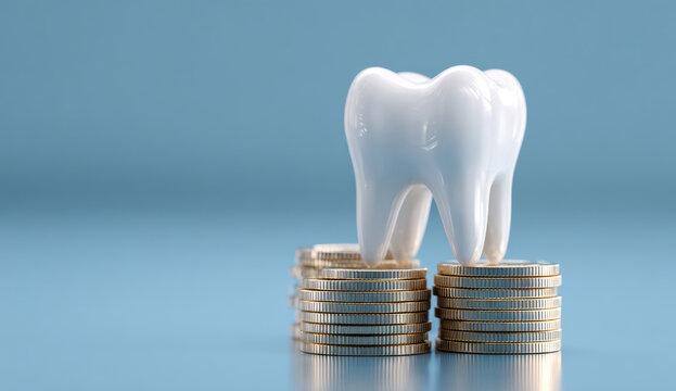 Dental health concept with a detailed white ceramic tooth model atop stacks of gold coins on a light blue background