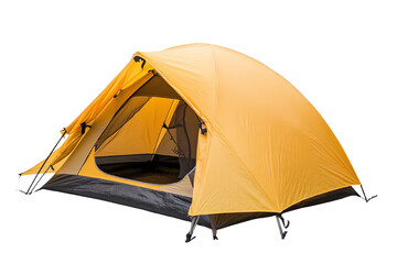 A vibrant yellow camping tent set against a white isolate background, perfect for outdoor adventures.