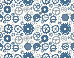 A pattern of various sized blue and gray interlocking gears on white