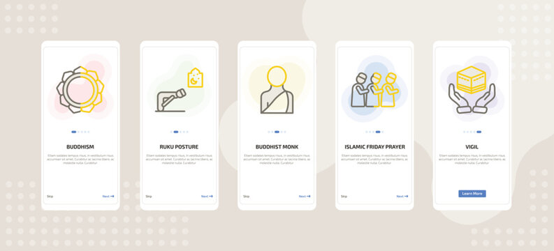 onboarding screen template for religion mobile app ui with buddhism, ruku posture, buddhist monk, islamic friday prayer, vigil icons.