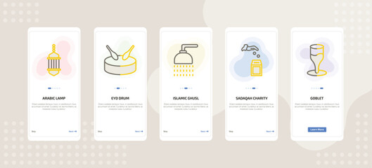 onboarding screen template for religion mobile app ui with arabic lamp, eyd drum, islamic ghusl, sadaqah charity, goblet icons.