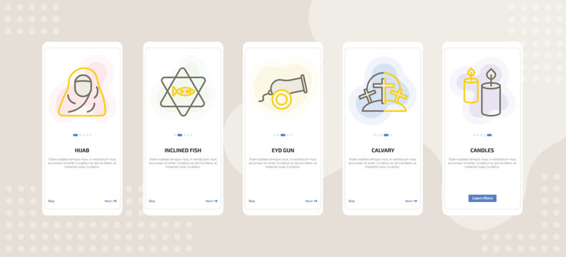onboarding screen template for religion mobile app ui with hijab, inclined fish, eyd gun, calvary, candles icons.