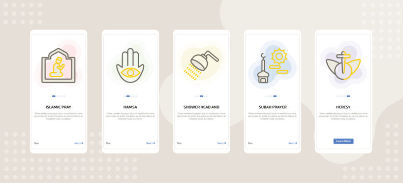onboarding screen template for religion mobile app ui with islamic pray, hamsa, shower head and water, subah prayer, heresy icons.