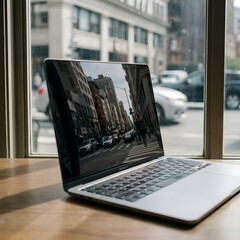 City Window Reflections on a Laptop Screen