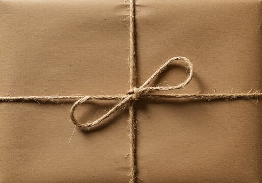 Close-up view of a rustic brown paper parcel tied with natural twine, emphasizing the rough, recycled surface texture ,delivery ,shipping ,rough
