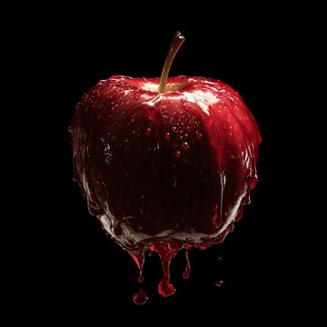 Juicy red apple with dripping liquid on black background