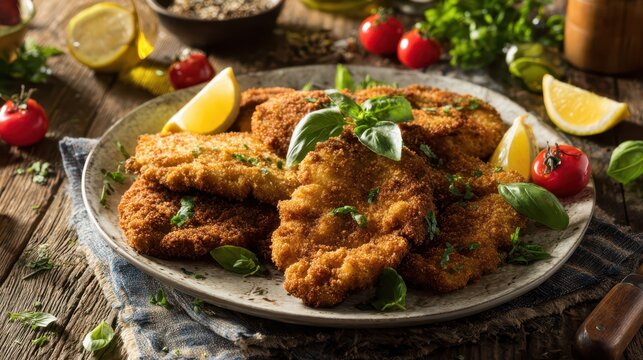Hearty fried chicken cutlets platter featuring golden crust, herbs, and sunlit decor