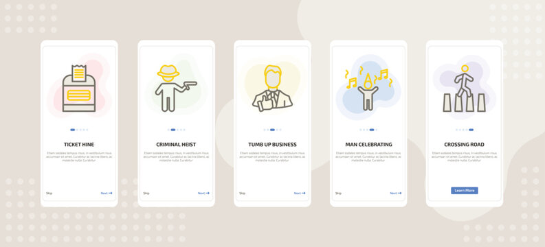 onboarding screen template for people mobile app ui with ticket hine, criminal heist, tumb up business man, man celebrating, crossing road icons.