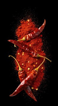 Fiery red powdered pepper and whole dried chiles arranged dramatically, representing intense culinary heat, flavor, and pungent taste ,pepper ,flavor ,capsaicin