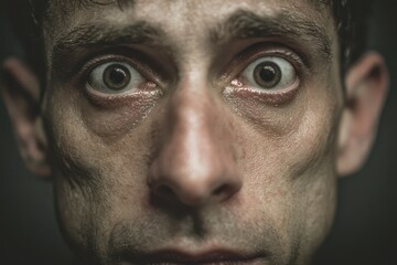 Obraz premium Intense stare of a man with a crazed gaze and fear-filled expression in moody shadows