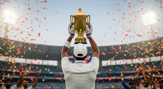 Cricket Champion Lifts Trophy Amidst Confetti and Cheers