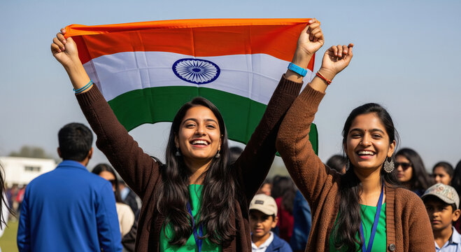 Happy Indian Women Holding National Flag Celebrating Patriotism