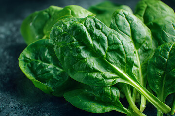 Obraz premium Fresh spinach leaves with water droplets on a dark background in a kitchen setting