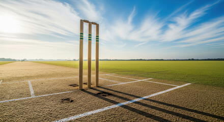 Obraz premium Empty Cricket Pitch with Stumps in Early Morning Light