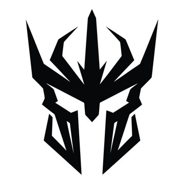 Abstract black robotic warrior helmet insignia design representing futuristic technological faction identity symbol on white background