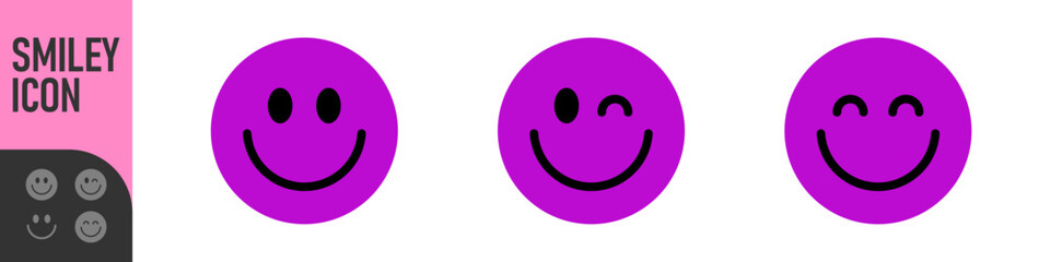 Fototapeta premium Color smiley face icons showing happy emoticons, emotions and positive reactions, different expressions: a standard smile, a playful wink, and a happy grin. for feedback, ratings, and friendly design