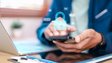 Mobile security and digital authentication concept with lock icon, password verification and encrypted data on smartphone. Cybersecurity, online banking and data protection technology.