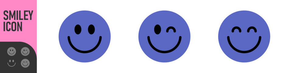 Fototapeta premium Color smiley face icons showing happy emoticons, emotions and positive reactions, different expressions: a standard smile, a playful wink, and a happy grin. for feedback, ratings, and friendly design