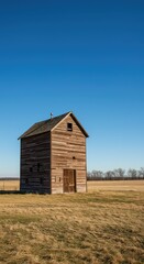 A rustic, weathered wooden grange hall standing tall beneath a bright blue sky, surrounded by open fields and distant trees ,sky ,historic ,outdoor