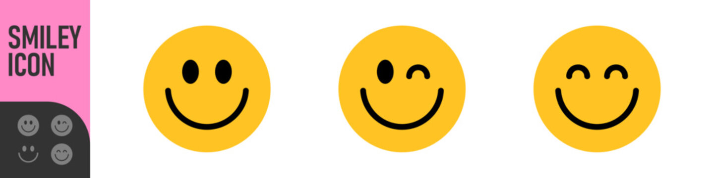 Color smiley face icons showing happy emoticons, emotions and positive reactions, different expressions: a standard smile, a playful wink, and a happy grin. for feedback, ratings, and friendly design