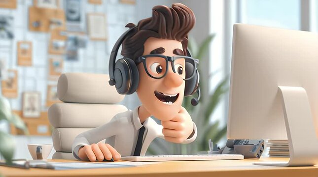 A 3D cartoon man with a headset on sits at a desk giving a thumbs-up
