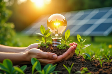 Hands hold soil with young green plants and glowing light bulb, symbolizing renewable energy, sustainability, and eco-friendly innovation powered by sunlight and clean technology