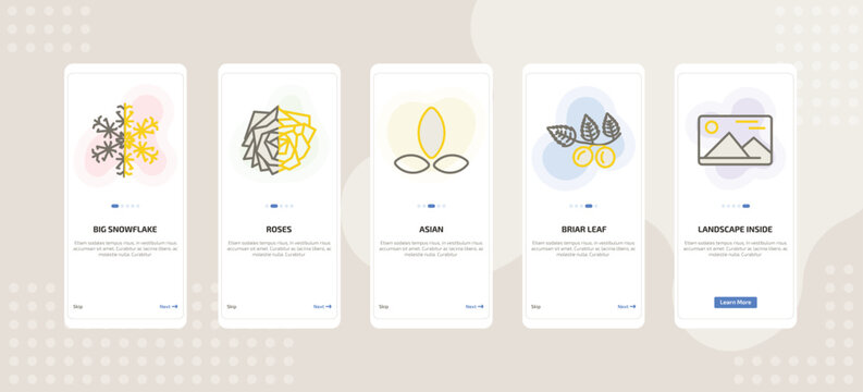 onboarding screen template for nature mobile app ui with big snowflake, roses, asian, briar leaf, landscape inside frame icons.