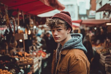 Obraz premium Young man explores vibrant outdoor market filled with fresh produce and local goods on a sunny day
