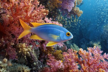 Fototapeta premium Bright schooling damsel fish among colorful coral reefs in pristine ocean environment
