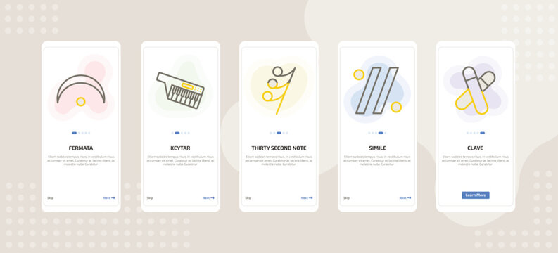 onboarding screen template for music mobile app ui with fermata, keytar, thirty second note rest, simile, clave icons.