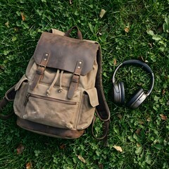 Backpack and headphones on grass
