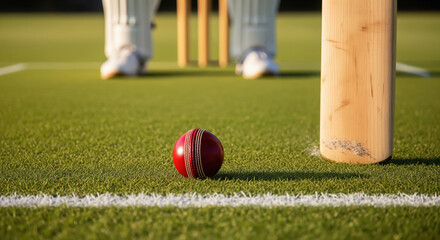 Obraz premium Red Cricket Ball and Bat on Green Field with Stumps