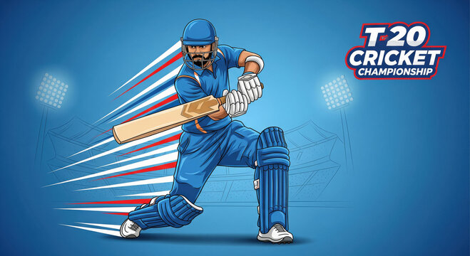 T20 Cricket Championship: Dynamic Batsman in Action on Blue Background