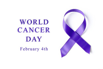 Purple awareness ribbon with World Cancer Day message on white background, symbol of solidarity, support, hope, and global cancer awareness observed on February 4th