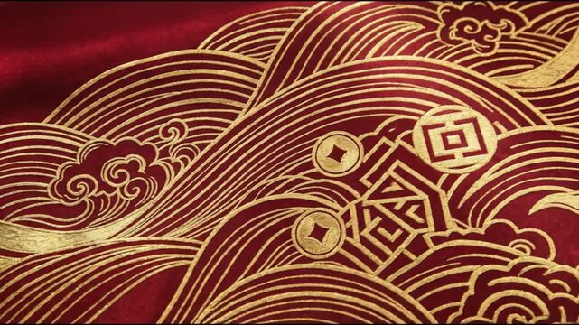 Intricate gold patterns of stylized waves clouds and coins on a rich deep red textured fabric