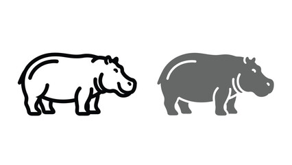 Fototapeta premium Vector icon set depicting two distinct styles of a hippopotamus silhouette one outline drawing and one filled gray shape for various design uses