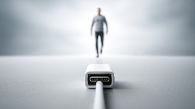 Person walking towards a glowing tech port and cable, representing human interaction with technology, access, and digital future