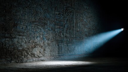 Ancient hieroglyphs illuminated by light beam