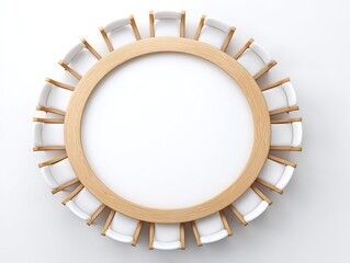 Aerial view of a modern wooden circular frame with white chairs arranged around it in a studio setting