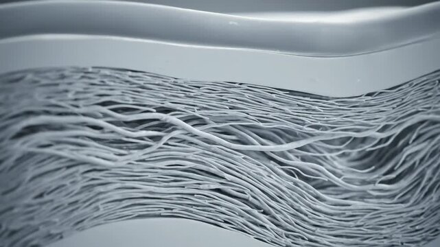 Detailed 3D animation of skin tissue layers, revealing intricate collagen and elastin fibers for medical study.